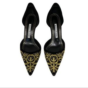 Manolo Blahnik Volta Black Suede Gold Embroidered D’Orsay Pumps 8.5